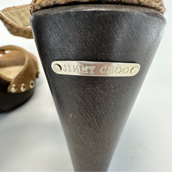 JIMMY CHOO Leather Snake Embossed Tan and Brown Wood High Heels. Size 38 US 8 - Picture 5 of 15